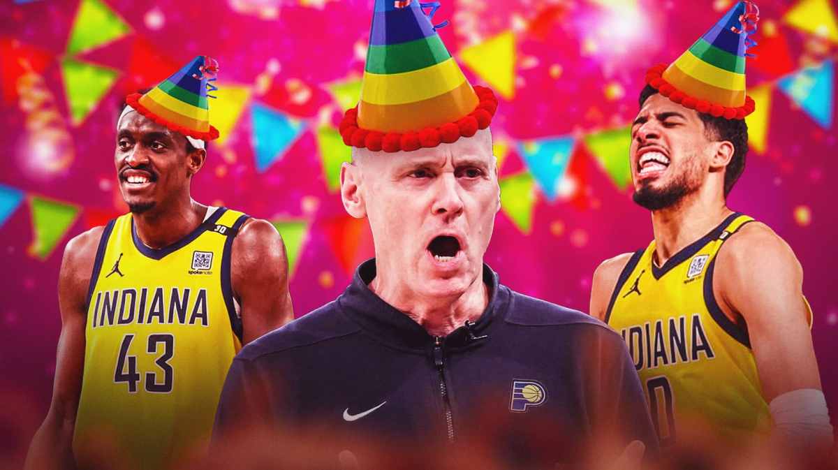 Tyrese Haliburton, Pascal Siakam and Rick Carlisle all wearing party hats New