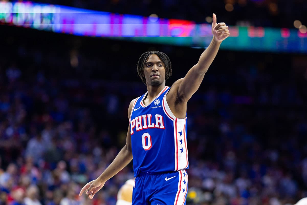 Philadelphia 76ers guard Tyrese Maxey (0) during game six of the first round for the 2024 NBA playoffs against the New York Knicks at Wells Fargo Center.