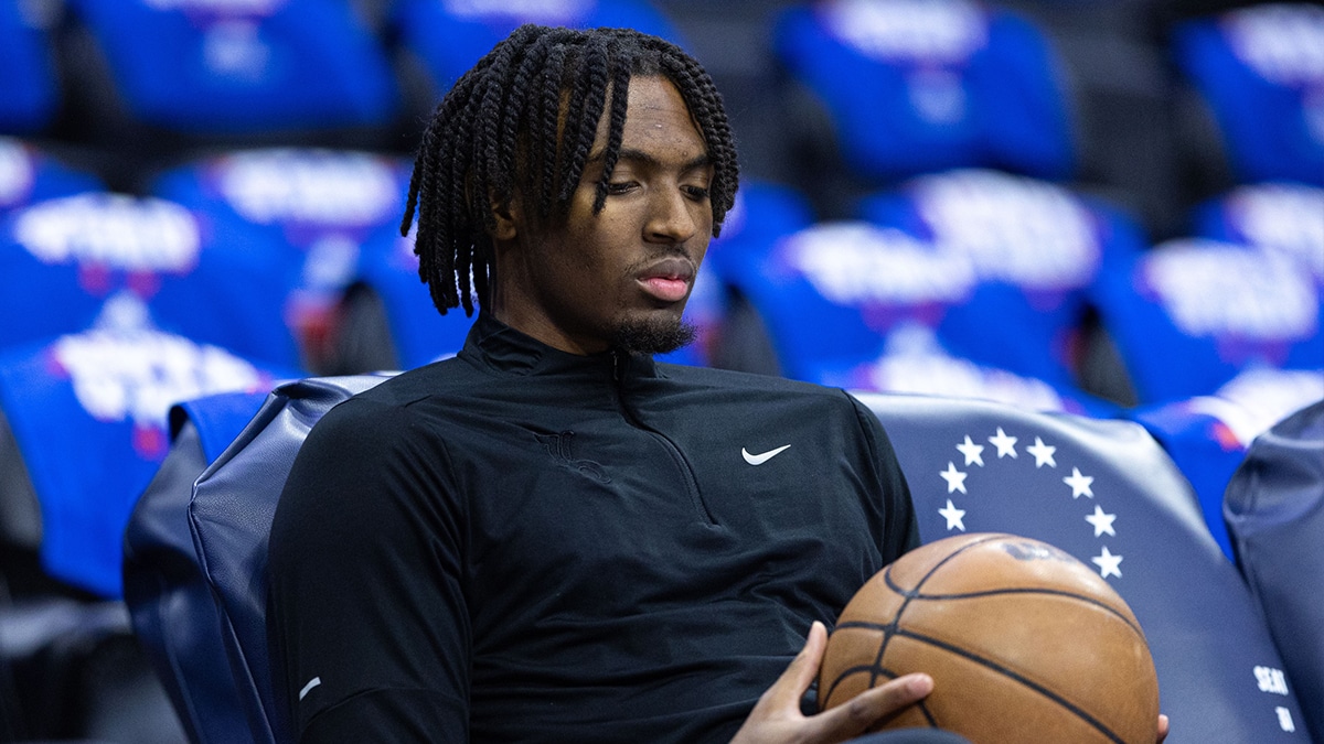 Philadelphia 76ers guard Tyrese Maxey before game six of the first round for the 2024 NBA playoffs against the New York Knicks at Wells Fargo Center.