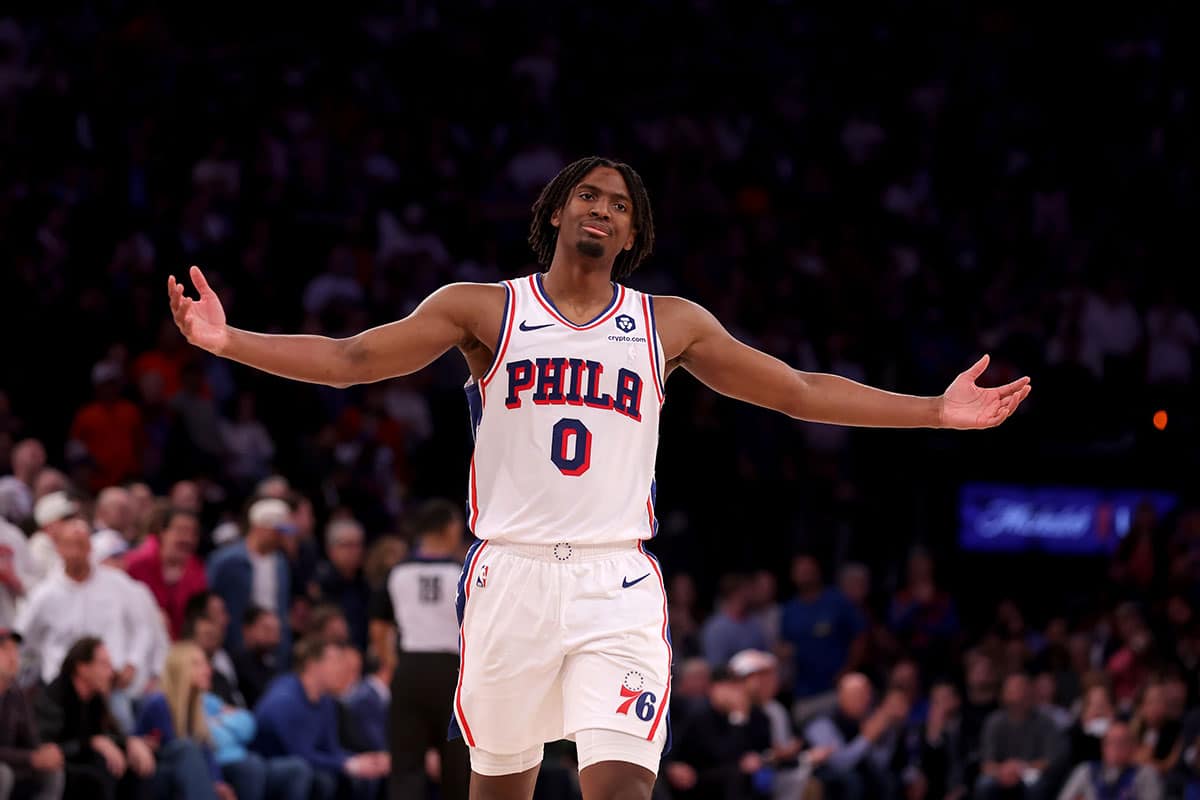  Philadelphia 76ers guard Tyrese Maxey (0) reacts during overtime in game 5 of the first round of the 2024 NBA playoffs against the New York Knicks at Madison Square Garden.