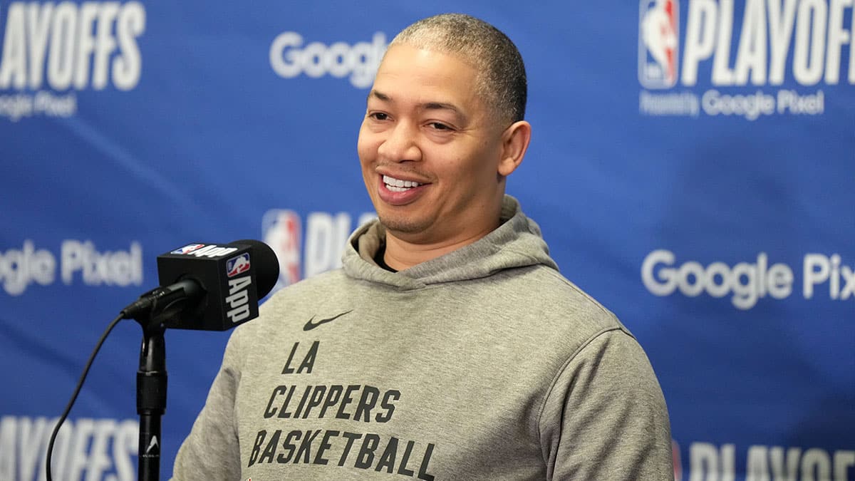 LA Clippers oach Tyronn Lue at a press conference during game five of the first round for the 2024 NBA playoffs at Crypto.com Arena.