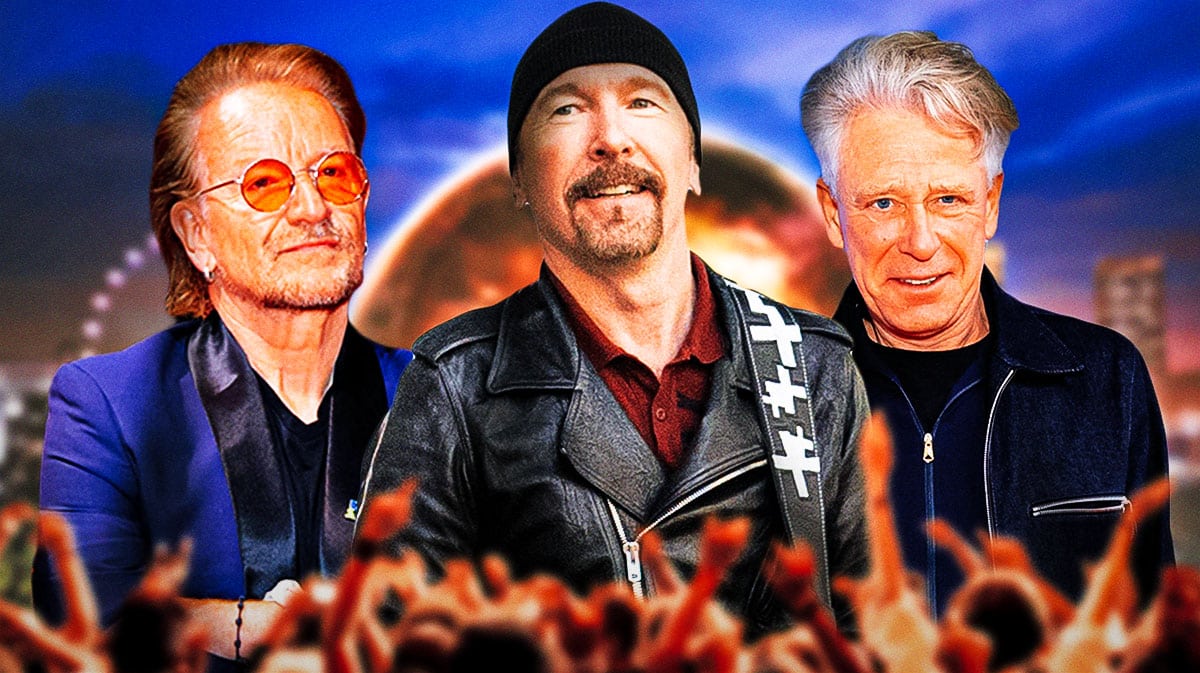 U2 members Bono, The Edge, and Adam Clayton in front of the Sphere.