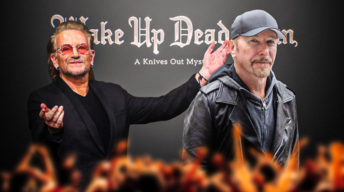 U2 members Bono and The Edge with Knives Out 3 logo and title: Wake Up Dead Man.