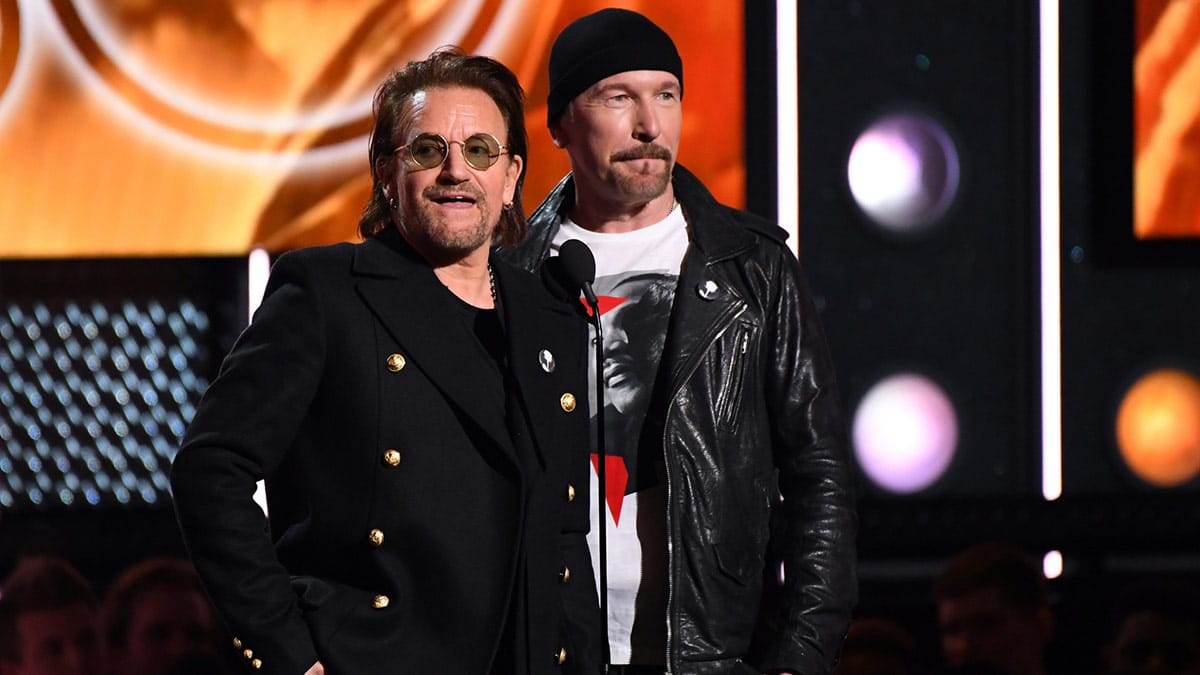 U2's Bono and The Edge at the Grammys in 2018. 