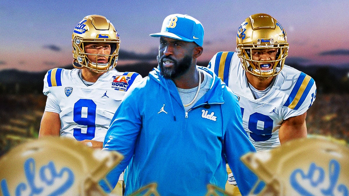 UCLA football, Bruins, DeShaun Foster, Kyle Ford, UCLA football transfer portal, DeShaun Foster with Kyle Ford and Collin Schlee in UCLA unis with UCLA football stadium in the background
