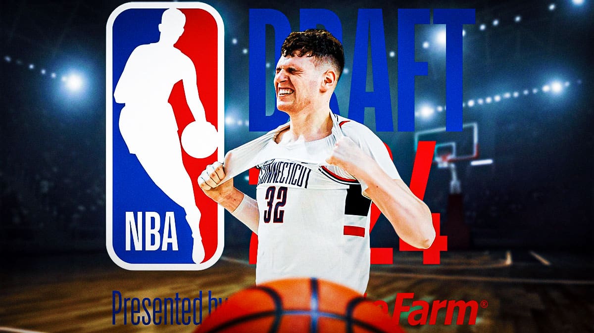 UConn basketball star Donovan Clingan, with NBA Draft logo behind him.