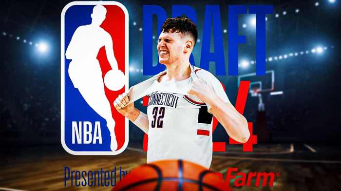UConn basketball star Donovan Clingan, with NBA Draft logo behind him.