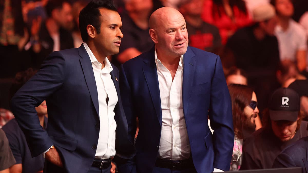 Apr 13, 2024; Las Vegas, Nevada, USA; American politician Vivek Ramaswamy (left) and UFC president Dana White (right) watch the fights during UFC 300 at T-Mobile Arena. Mandatory Credit: Mark J. Rebilas-USA TODAY Sports