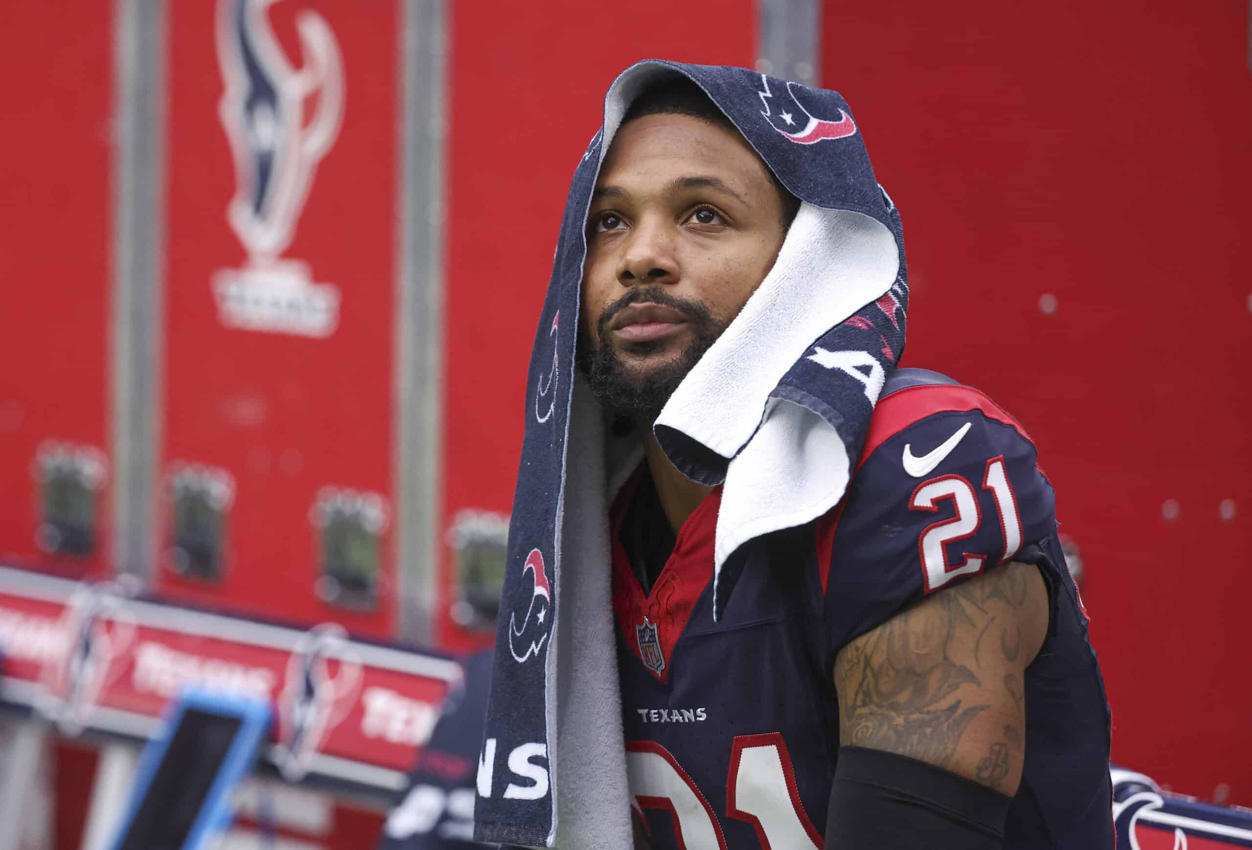 Dec 31, 2023; Houston, Texas, USA; Houston Texans cornerback Steven Nelson (21) on the bench during the game against the Tennessee Titans at NRG Stadium.