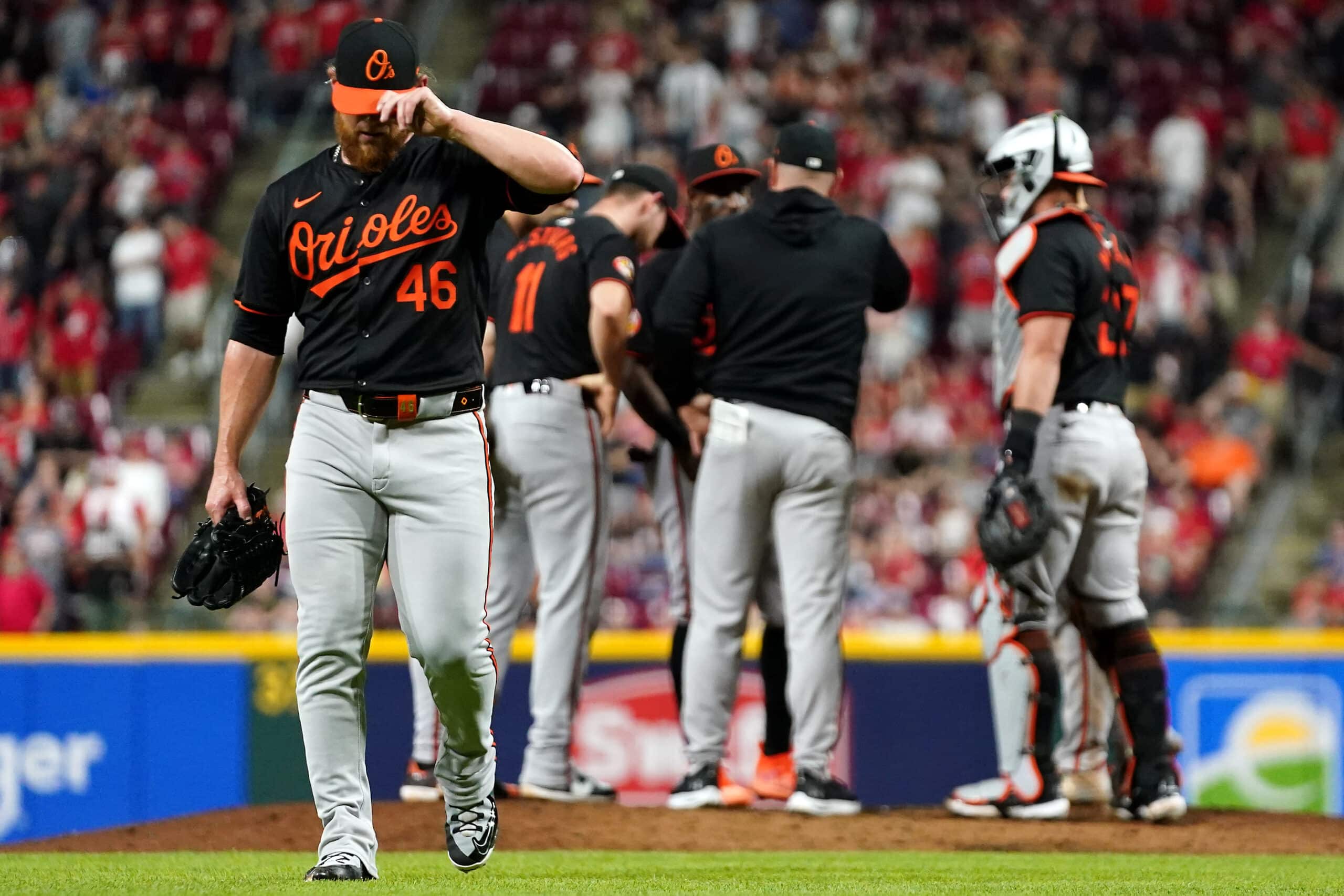 May 5, 2024; Cincinnati, Ohio, USA; Baltimore Orioles pitcher Craig Kimbrel (46) is pulled out of the game in the ninth inning against the Cincinnati Reds at Great American Ball Park in Cincinnati. 