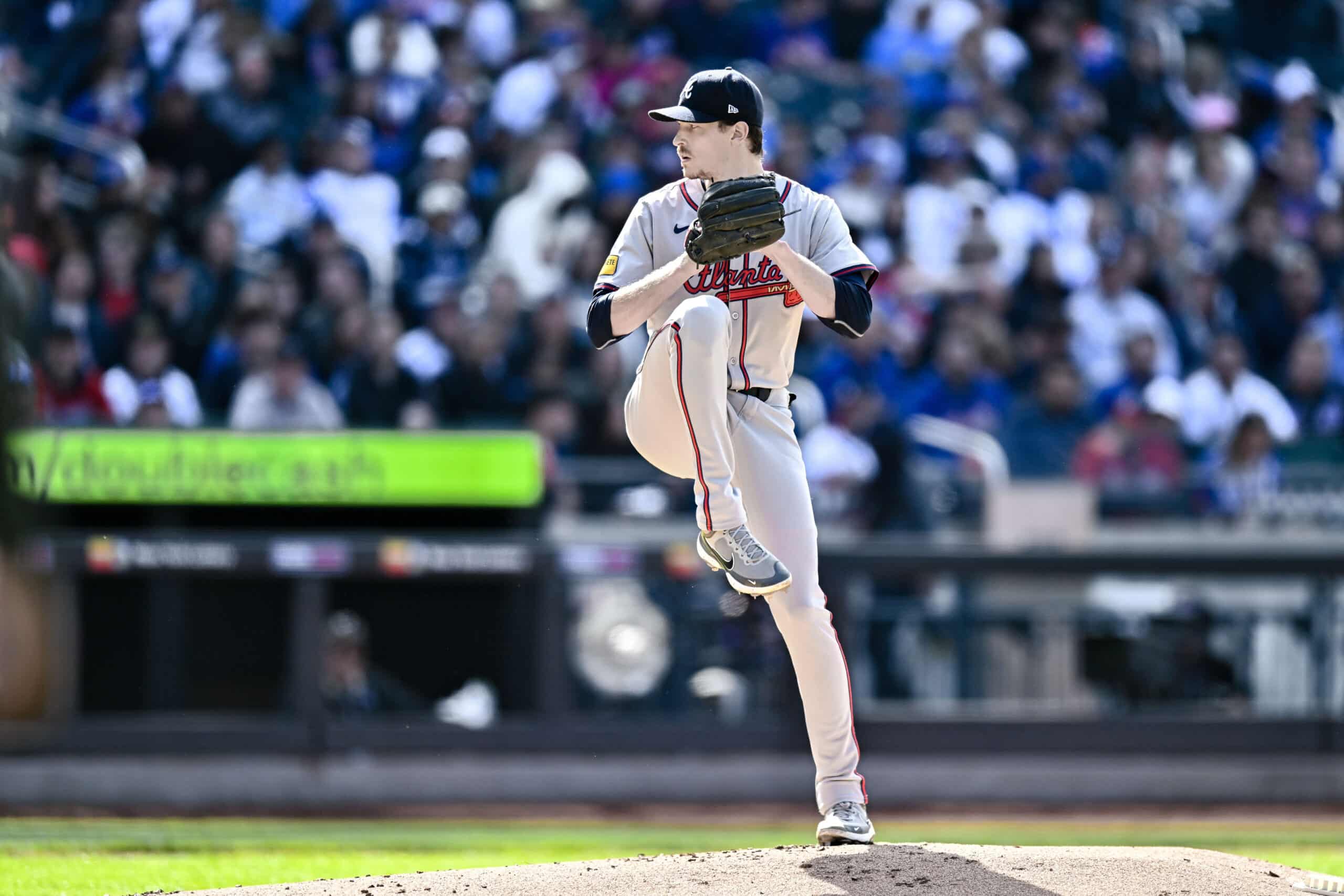 May 11, 2024; New York City, New York, USA; Atlanta Braves pitcher Max Fried (54) pitches against the New York Mets during the first inning at Citi Field. 