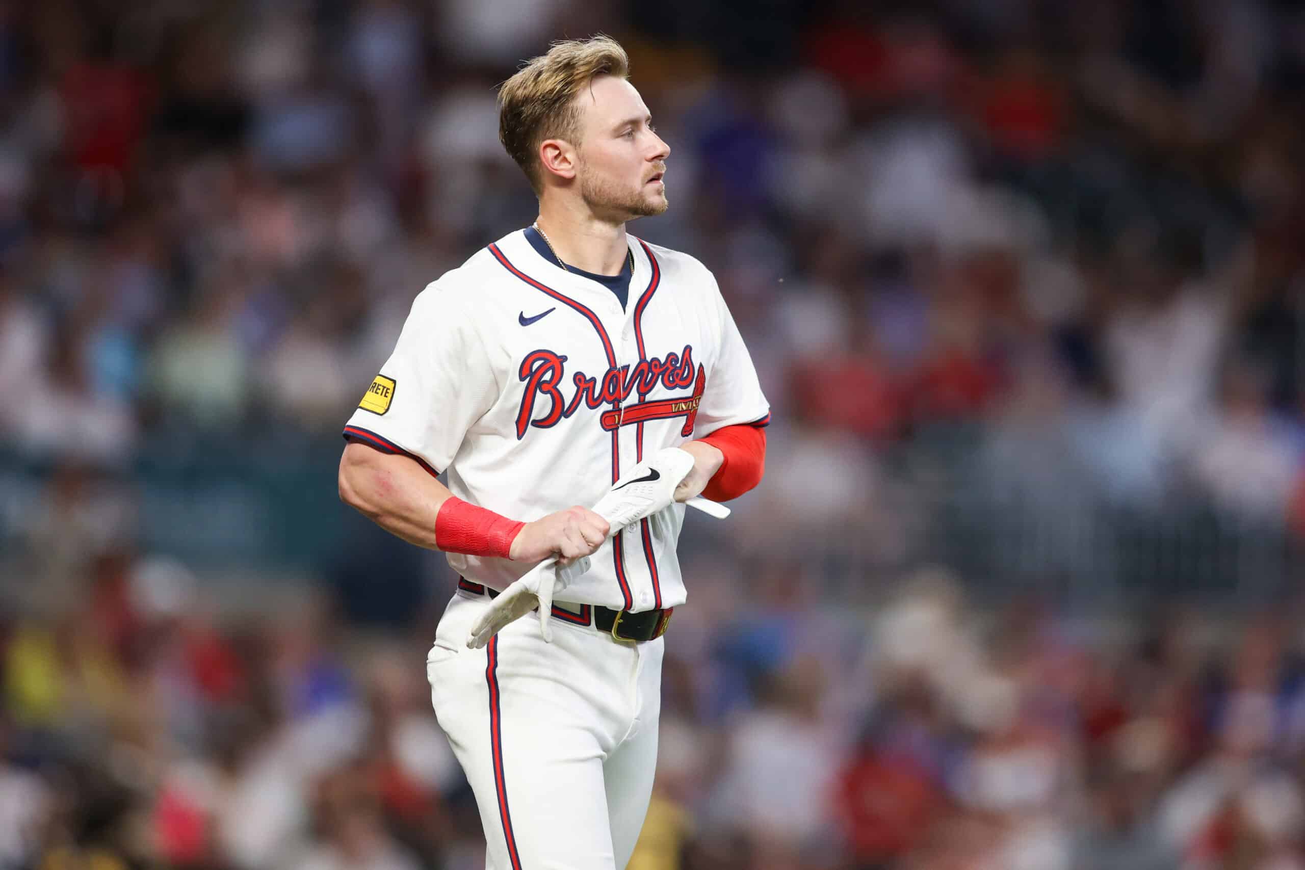 May 19, 2024; Atlanta, Georgia, USA; Atlanta Braves left fielder Jarred Kelenic (24) reacts after a strike out against the San Diego Padres in the fifth inning at Truist Park. 
