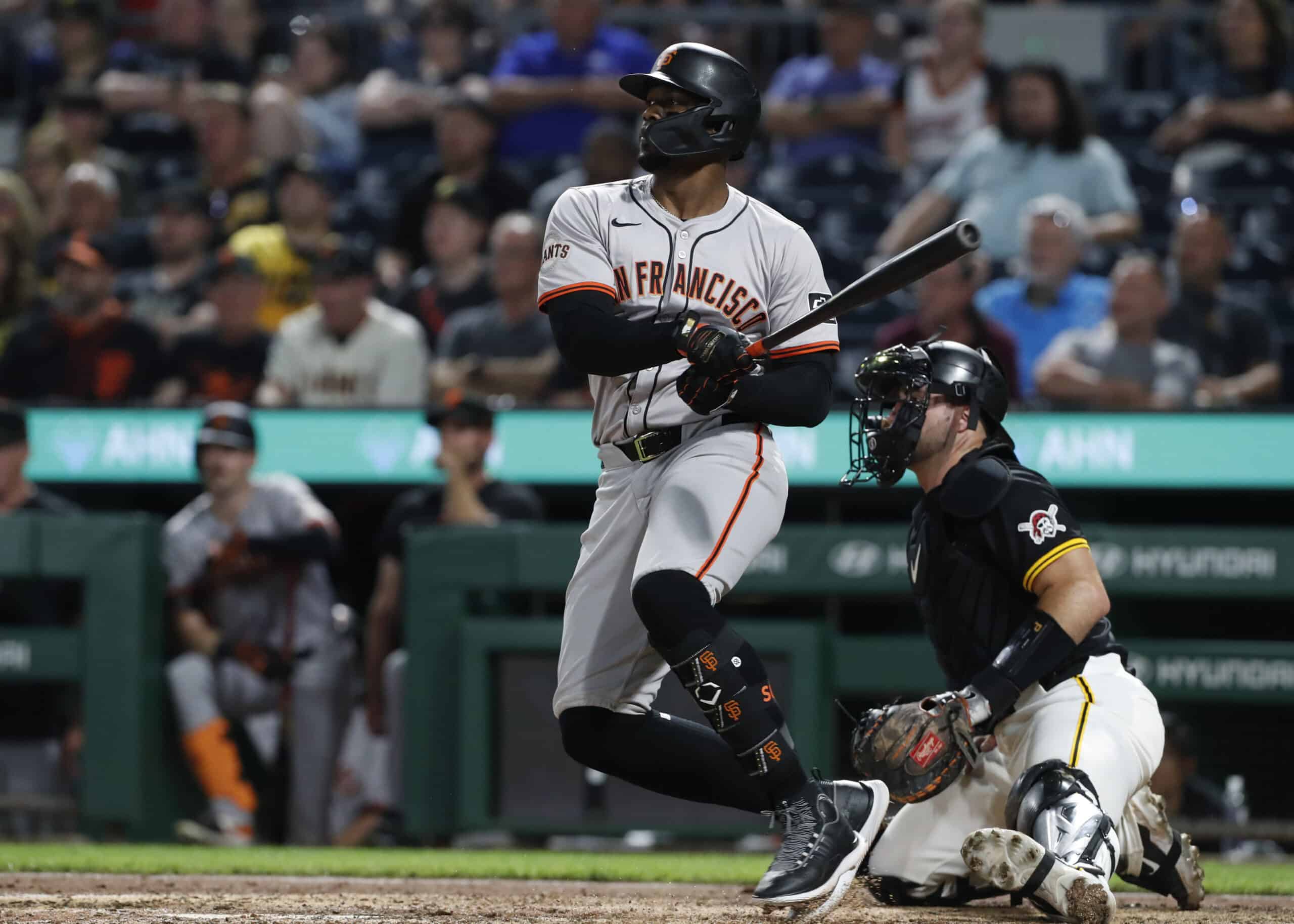 May 22, 2024; Pittsburgh, Pennsylvania, USA; San Francisco Giants designated hitter Jorge Soler (2) hits a RBI single against the Pittsburgh Pirates during the tenth inning at PNC Park.