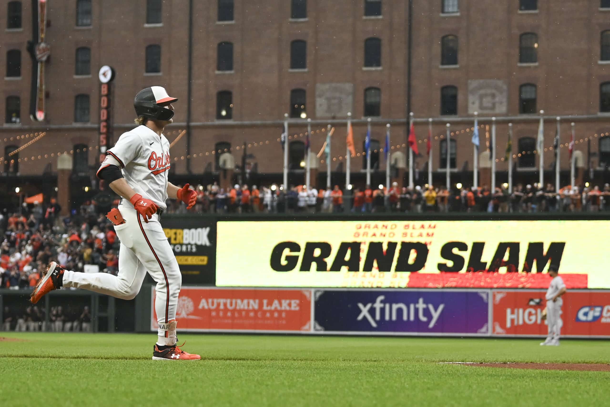 May 29, 2024; Baltimore, Maryland, USA; Baltimore Orioles shortstop Gunnar Henderson (2) runs home after hitting a second inning gran slam against the Boston Red Sox at Oriole Park at Camden Yards.