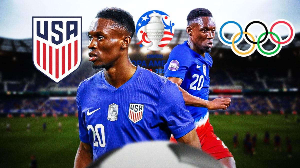 Folarin Balogun in front of the Copa America and USMNT logos, and the Olympic rings