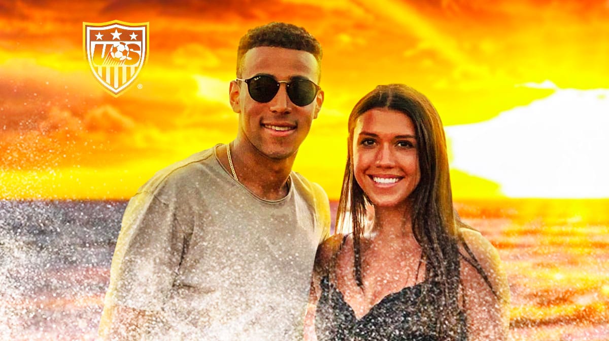 Tyler Adams and his girlfriend Sarah Schmidt on a beach, the USMNT logo in the sky