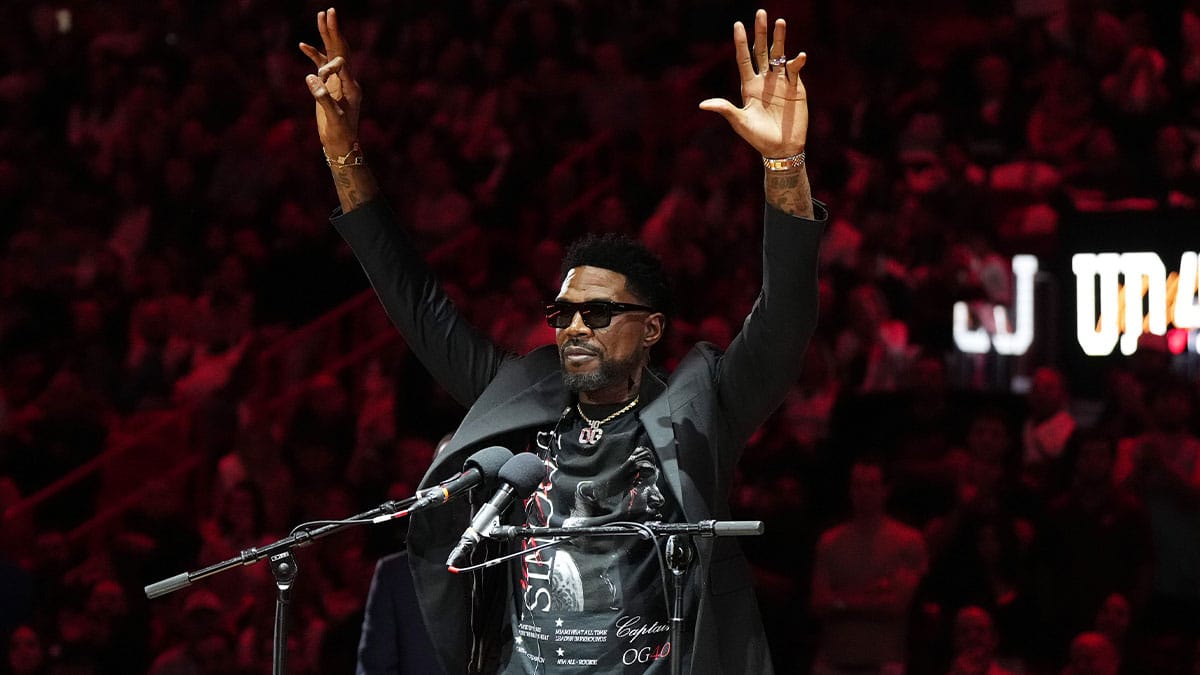 Jan 19, 2024; Miami, Florida, USA; Udonis Haslem speaks after his jersey was lifted to the rafters during the retirement ceremony during halftime of the game between the Miami Heat and the Atlanta Hawks Kaseya Center. Mandatory Credit: Jasen Vinlove-USA TODAY Sports