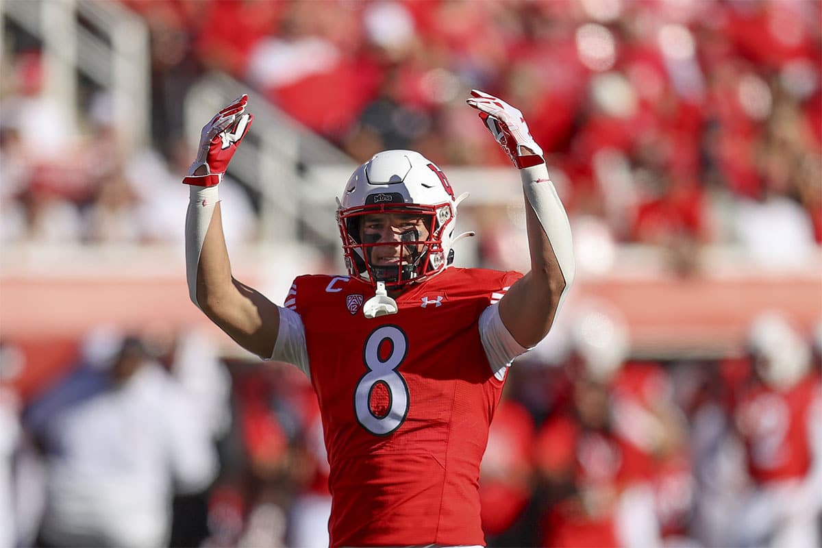 Utah Utes safety Cole Bishop (8) encourages the fans to cheer during a third down against the UCLA Bruins in the fourth at Rice-Eccles Stadium. 
