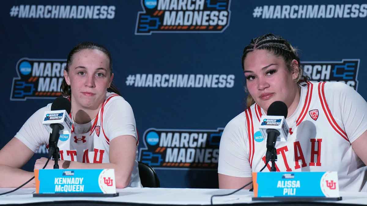 Utah Utes guard Kennady McQueen (24) and forward Alissa Pili (35) at a press conference after the game against the South Dakota State Jackrabbits.