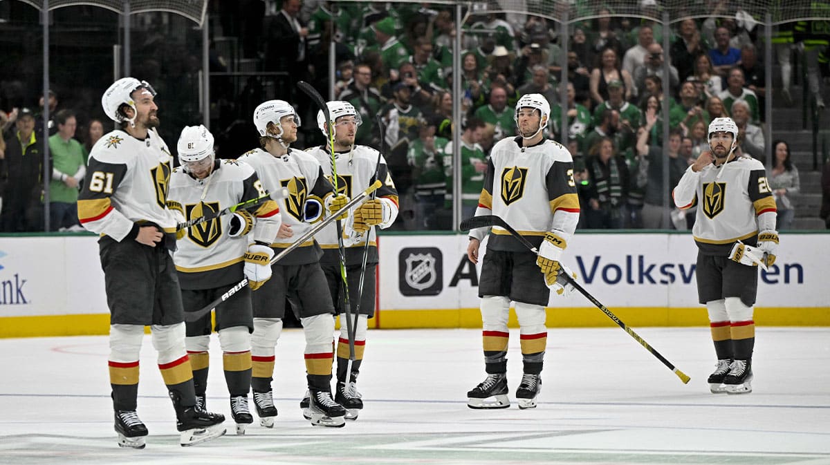 The Vegas Golden Knights wait to shake hands with the Dallas Stars after the Stars defeat the Golden Knights in game seven of the first round of the 2024 Stanley Cup Playoffs at American Airlines Center.