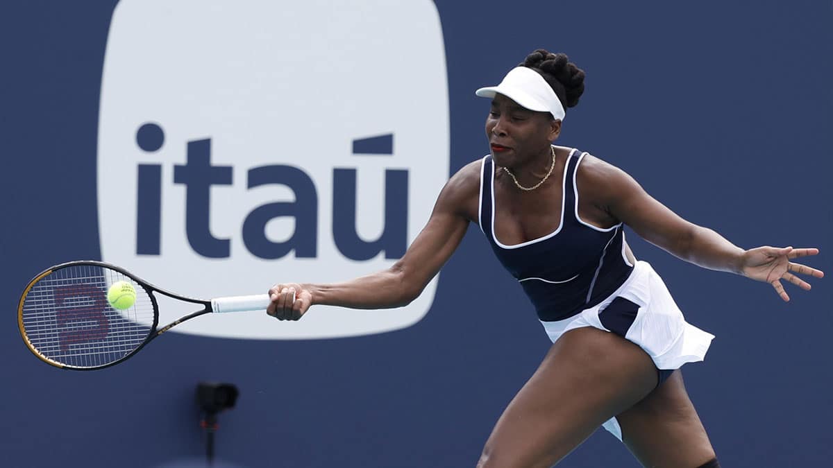 Venus Williams (USA) hits a forehand against Diana Shnaider (not pictured) on day two of the Miami Open