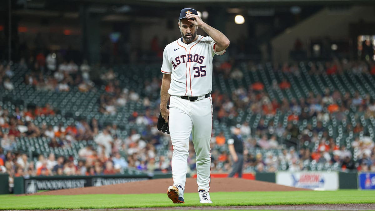 Houston Astros starting pitcher Justin Verlander (35) walks off the field after pitching during the first inning against the Cleveland Guardians at Minute Maid Park.