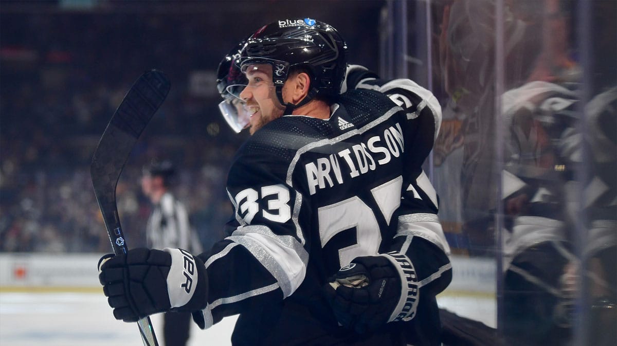 Los Angeles Kings right wing Viktor Arvidsson (33) celebrates his goal scored against the Chicago Blackhawks during the second period at Crypto.com Arena.