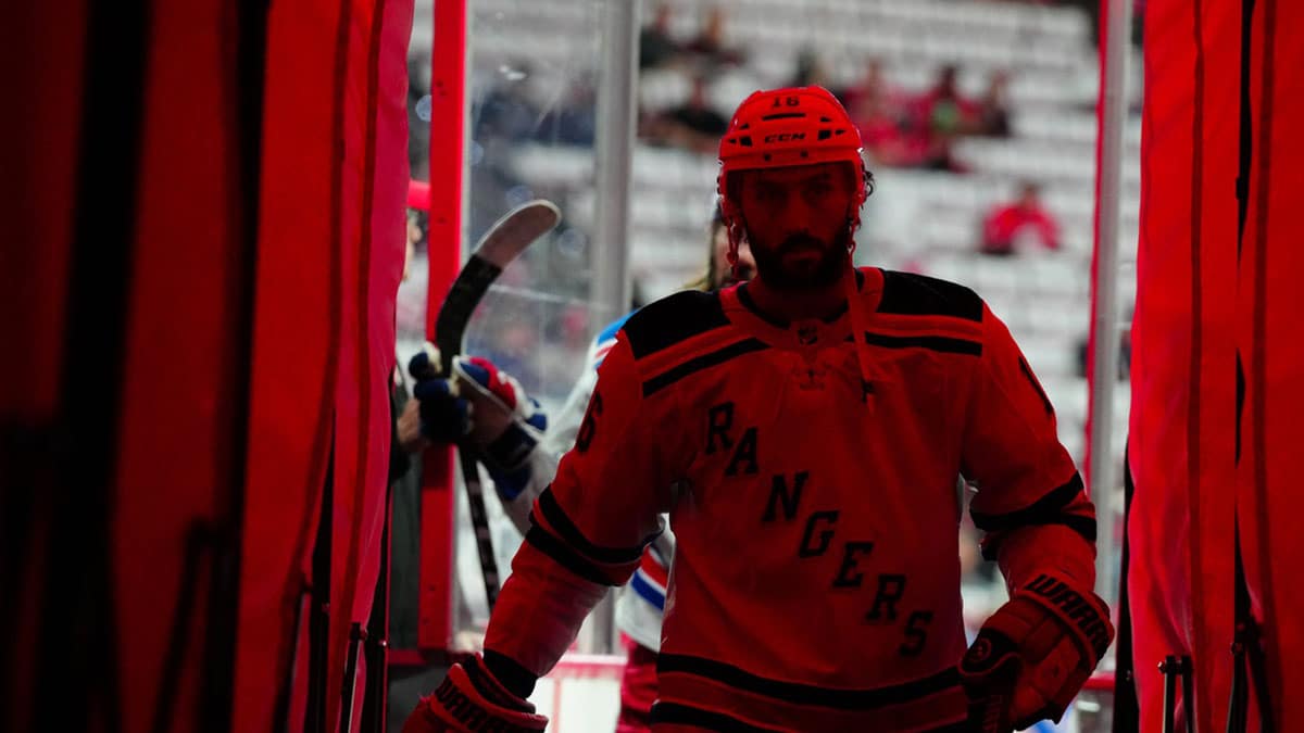New York Rangers center Vincent Trocheck (16) comes off the ice after the warmups before the game against the Carolina Hurricanes in game six of the second round of the 2024 Stanley Cup Playoffs at PNC Arena
