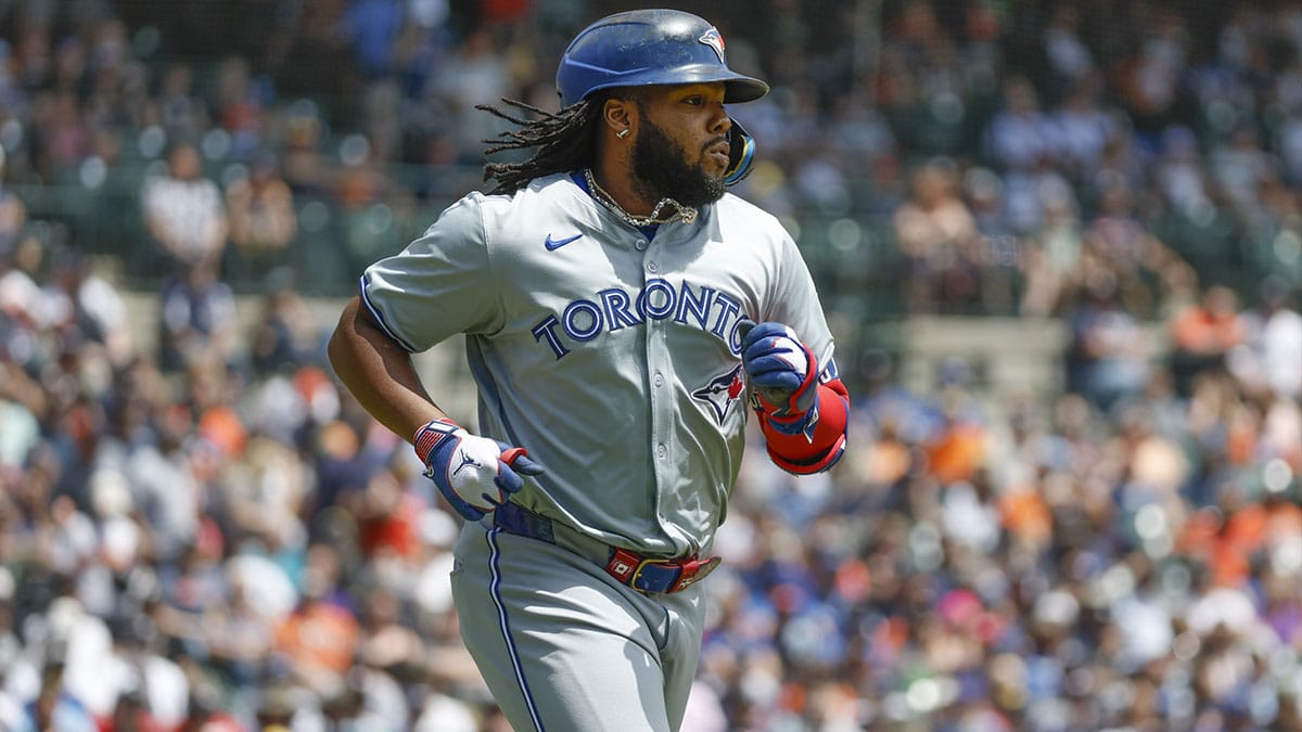 Toronto Blue Jays first baseman Vladimir Guerrero Jr. (27) runs to first during an at bat in the first inning of the game against the the Detroit Tigers at Comerica Park.