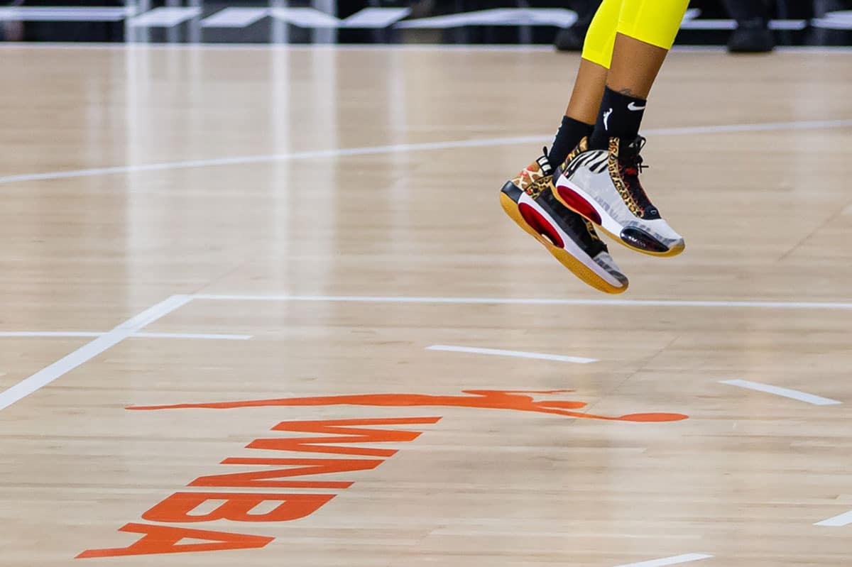 The shoes of Seattle Storm guard Jordin Canada (21) with the WNBA logo during game 1 of the WNBA finals against the Las Vegas Aces at IMG Academy.