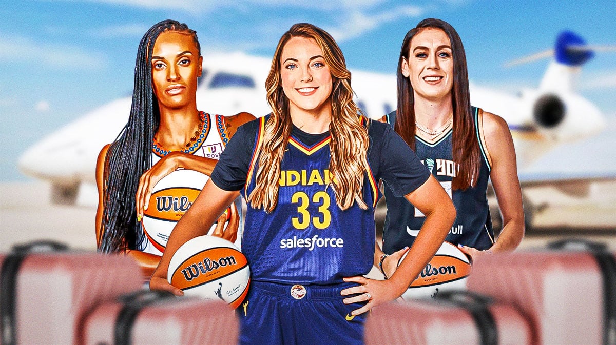 Indiana Fever play Katie Lou Samuelson, Connecticut Sun player DeWanna Bonner and New York Liberty player Breanna Stewart in front of a charter plane/private jet