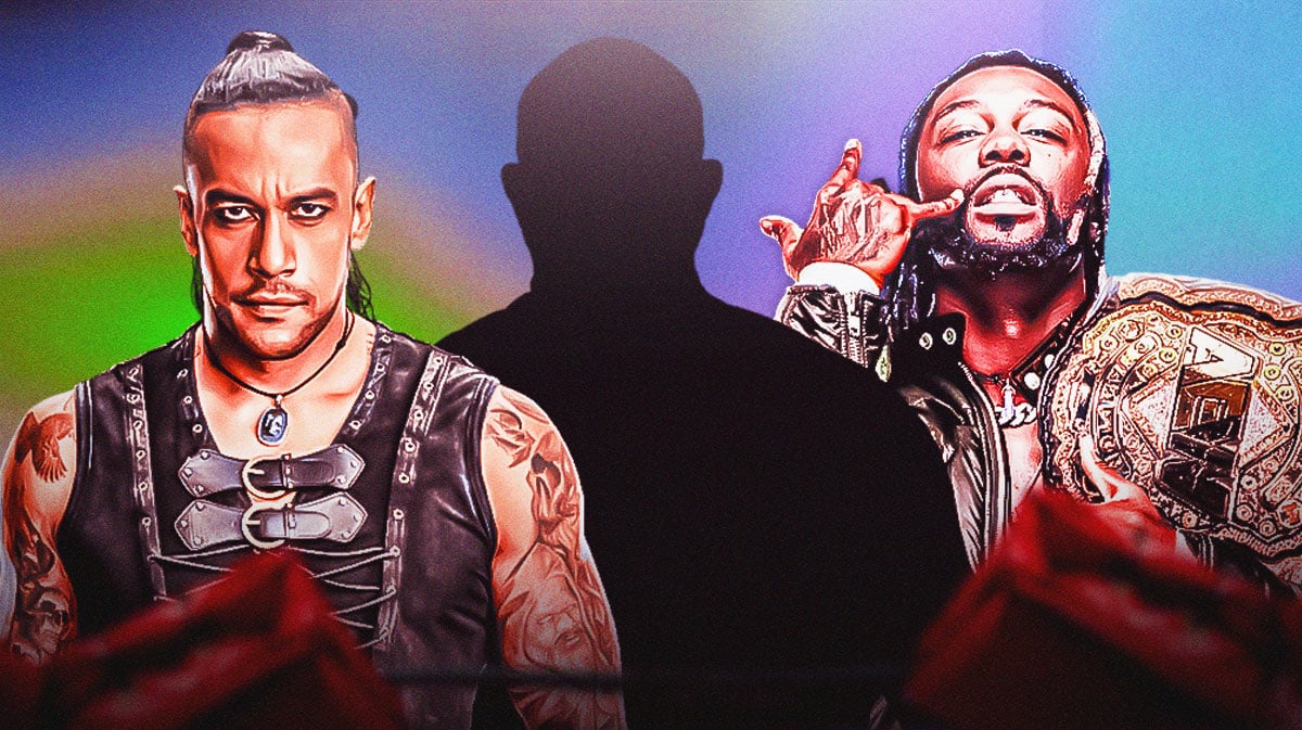 The blacked-out silhouette of Bully Ray with Damian Priest on his left and Swerve Strickland on his right.