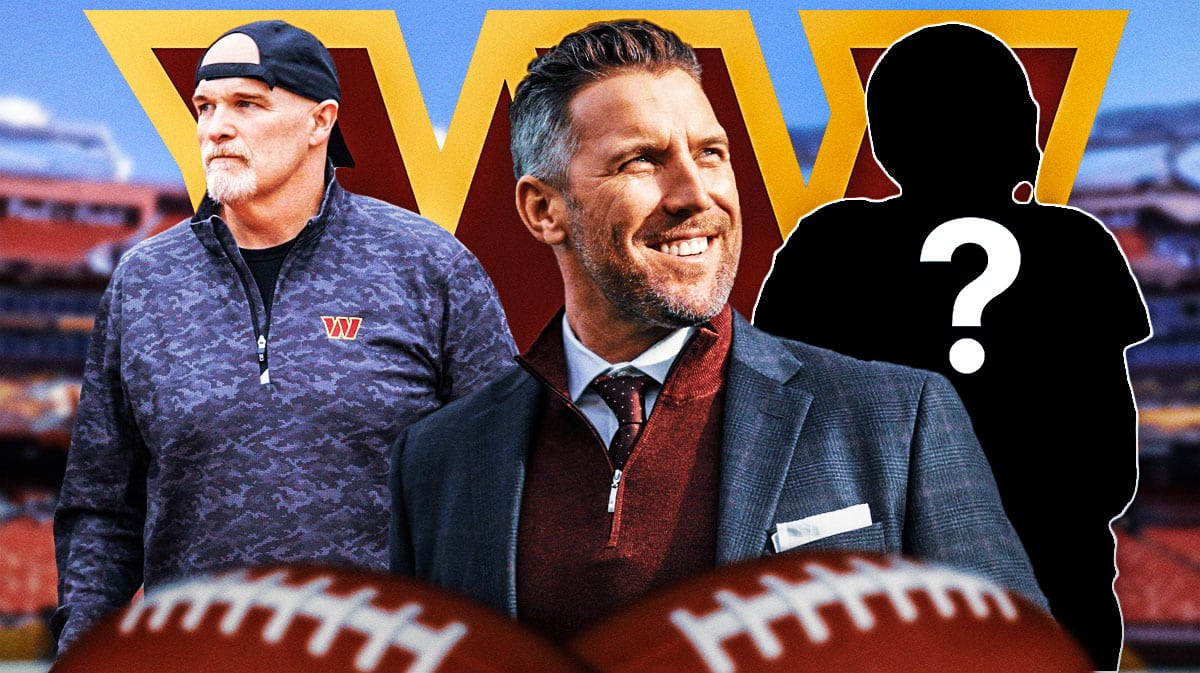 Commanders general manager Adam Peters with head coach Dan Quinn and a silhouette of an American football player with a big question mark in the middle. They are next to a logo for the Washington Commanders.