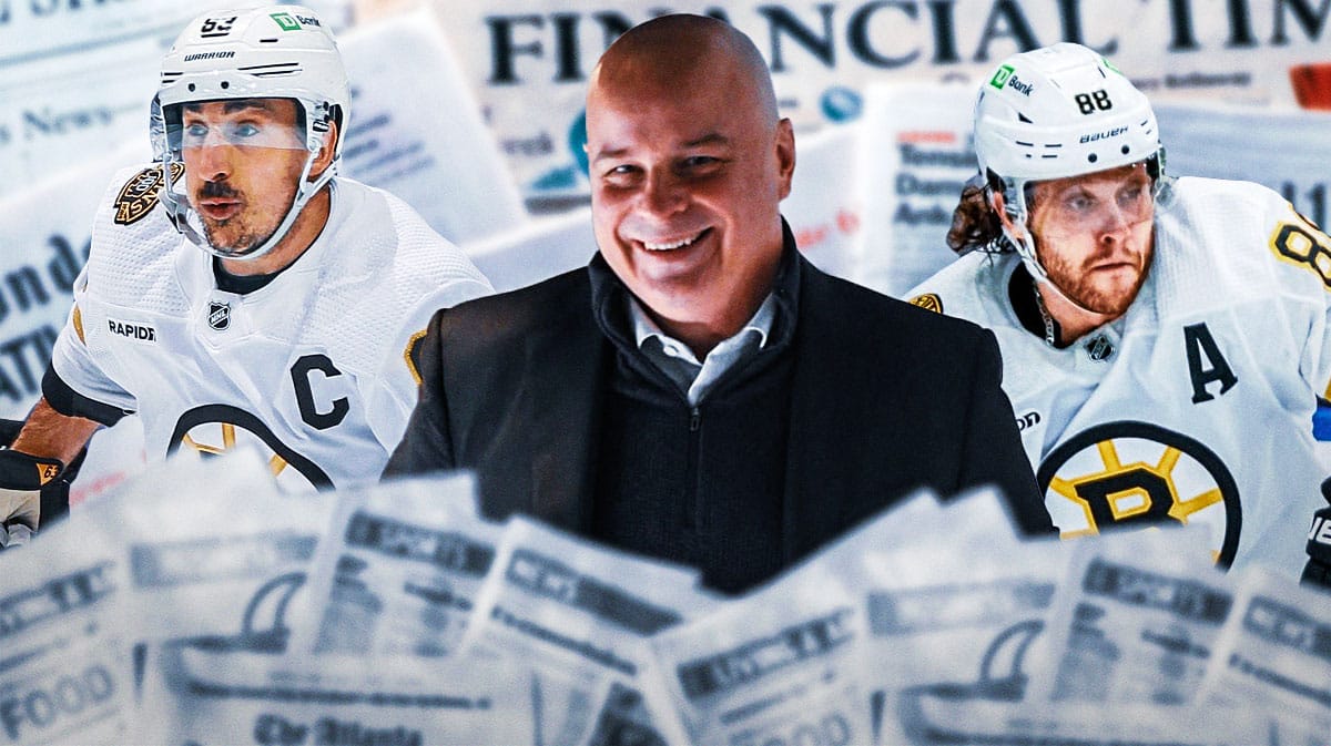 A newspaper as the background, Jim Montgomery, Brad Marchand, and David Pastrnak with a speech bubble that says "Let's win!"