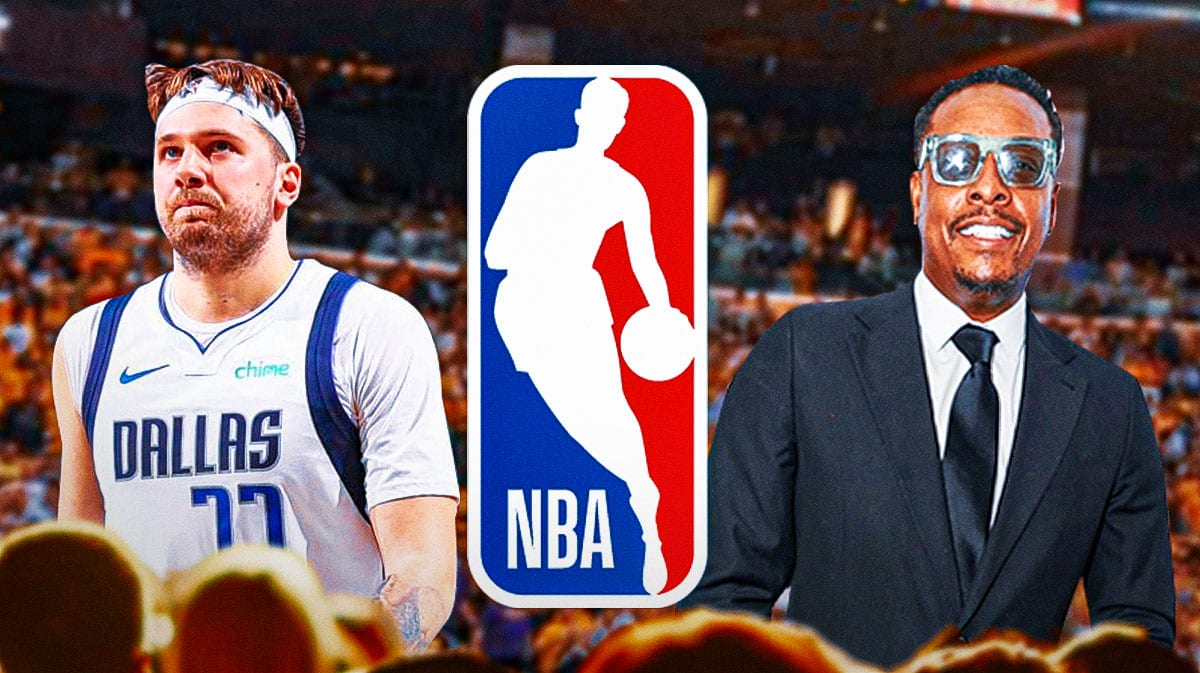 The NBA logo in the middle of Paul Pierce and Mavericks star Luka Doncic