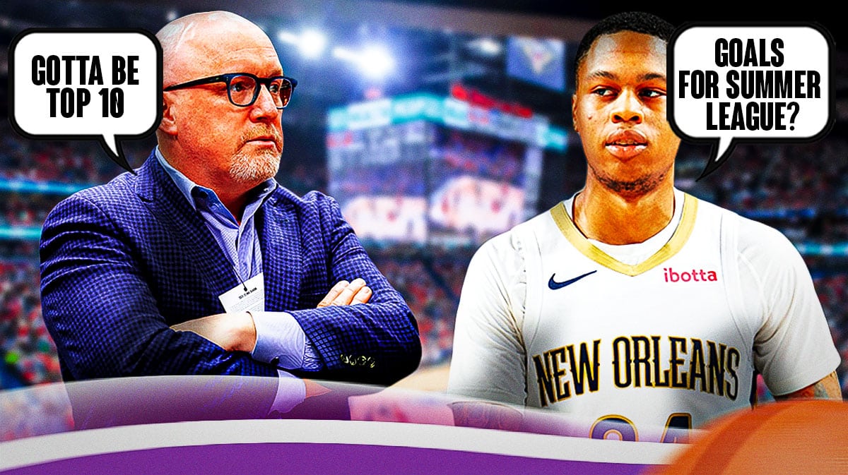 Pelicans Jordan Hawkins and David Griffin next to speech bubbles