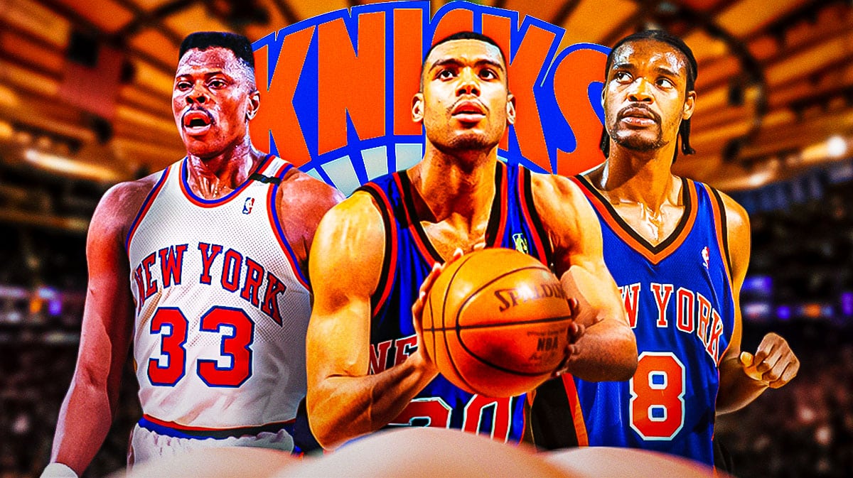  Patrick Ewing, Allan Houston, Latrell Sprewell on the Knicks. Knicks '90s logo in front or background