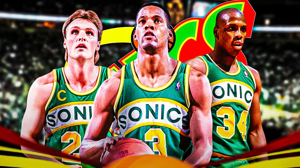 Tom Chambers, Dale Ellis, Xavier McDaniel all together on Supersonics with Sonics logo '80s logo in front or background