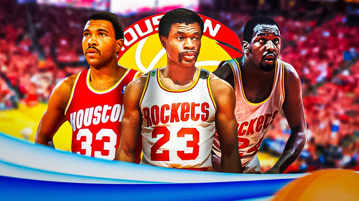 Moses Malone, Calvin Murphy, Robert Reid on the Rockets with early '80s Rockets logo in front or background. 