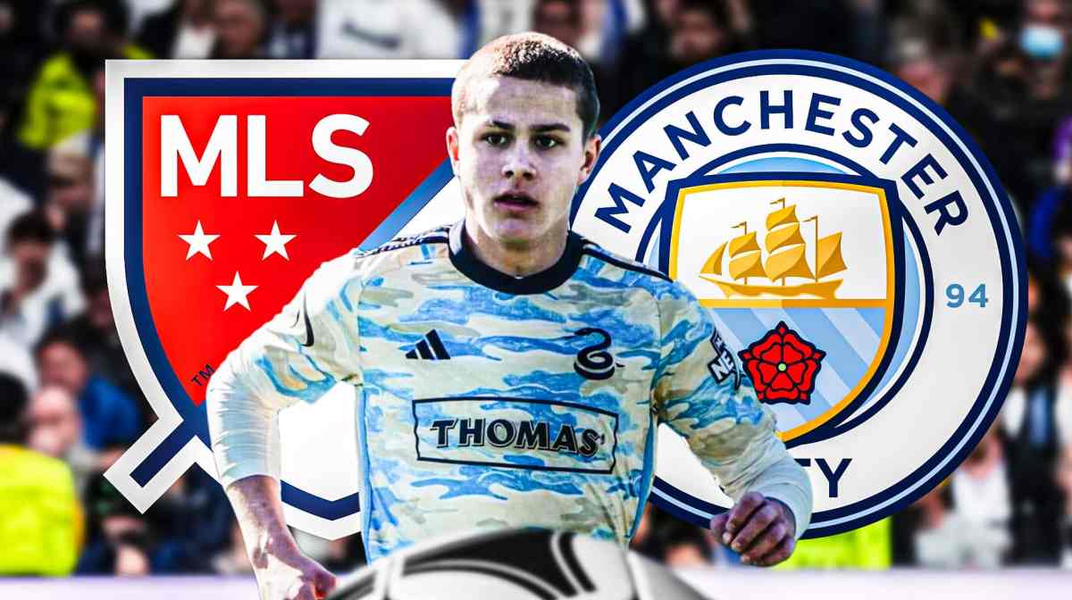 Cavan Sullivan in front of the MLS and Manchester City logos