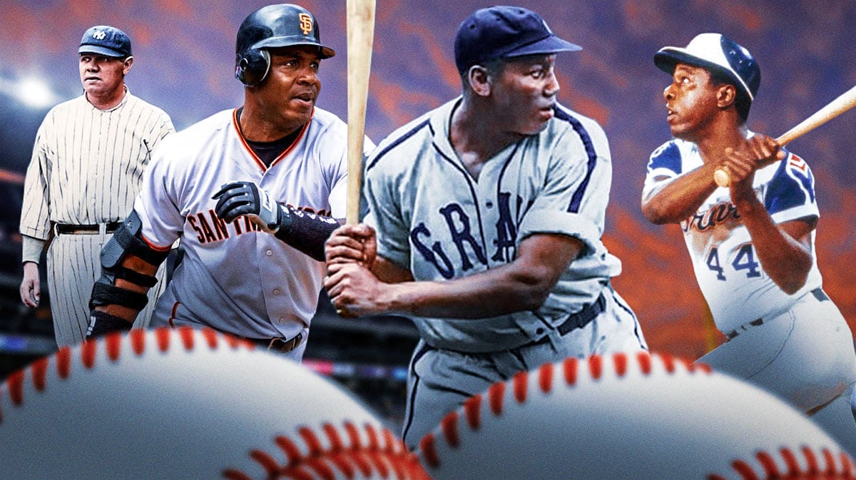 Josh Gibson swinging a baseball bat in front. Place Yankees' Babe Ruth, Giants' Barry Bonds, and Braves' Hank Aaron all in background.