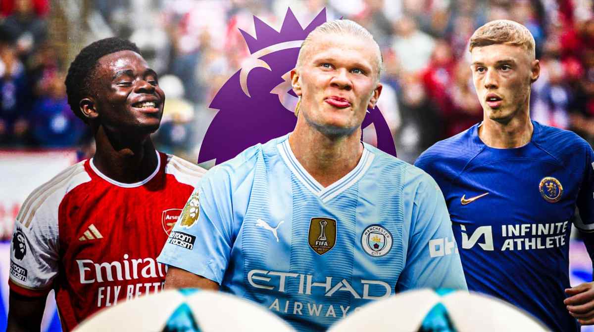 Erling Haaland, Cole Palmer & Bukayo Saka in front of the Premier League logo