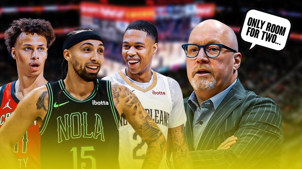 Graphic: David Griffin saying "Only room for two..." while looking at Dyson Daniels, Jordan Hawkins, and Jose Alvarado.