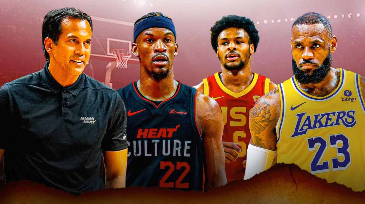 Miami Heat star Jimmy Butler next to head coach Erik Spoelstra looking at LeBron James and Bronny James.