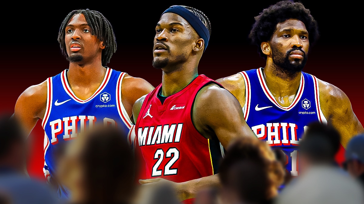 Pat Riley Heat mentee Jimmy Butler with Joel Embiid and Tyrese Maxey from 76ers