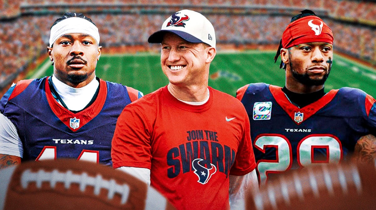 Houston Texans coach Bobby Slowik next to Stefon Diggs and Joe Mixon in front of NRG Stadium.