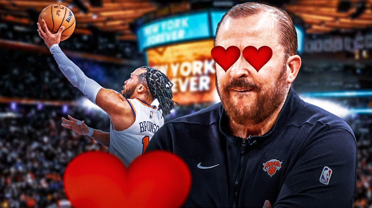 Tom Thibodeau with heart eyes looking at Jalen Brunson