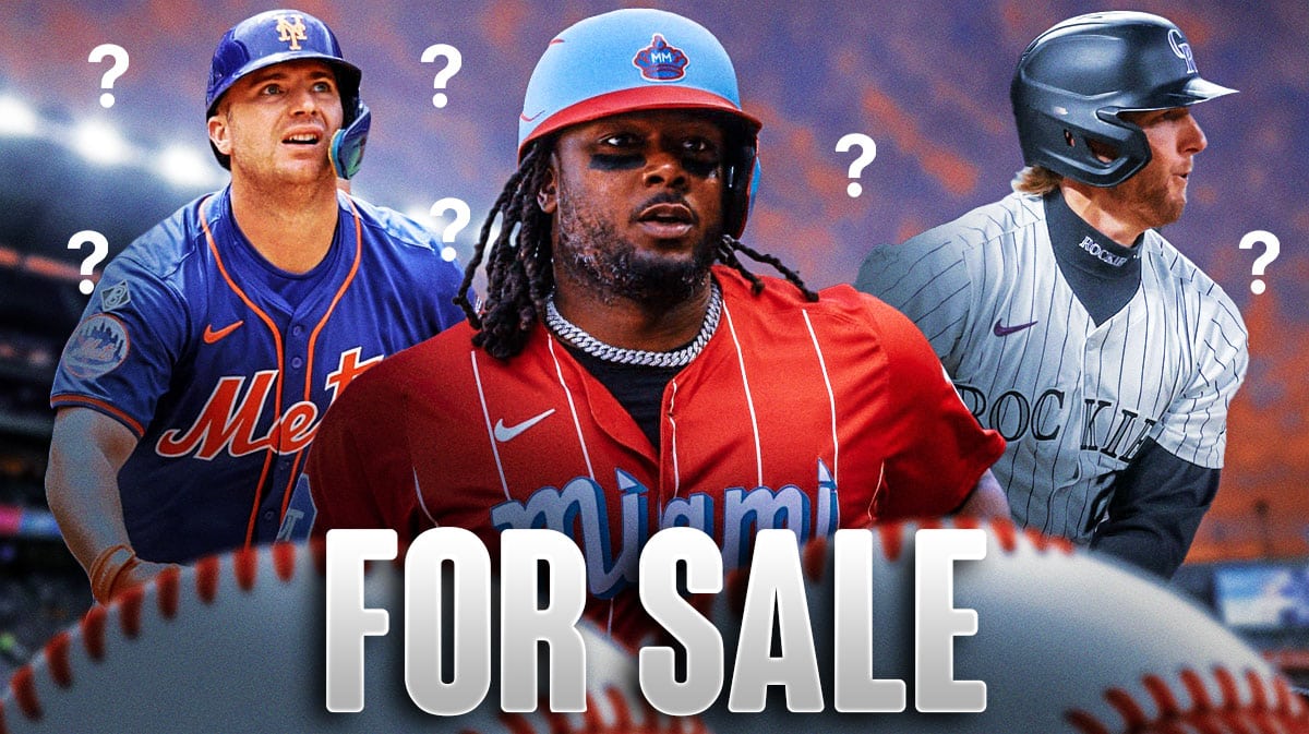 Pete Alonso, Josh Bell and Ryan McMahon with for sale sign and question marks