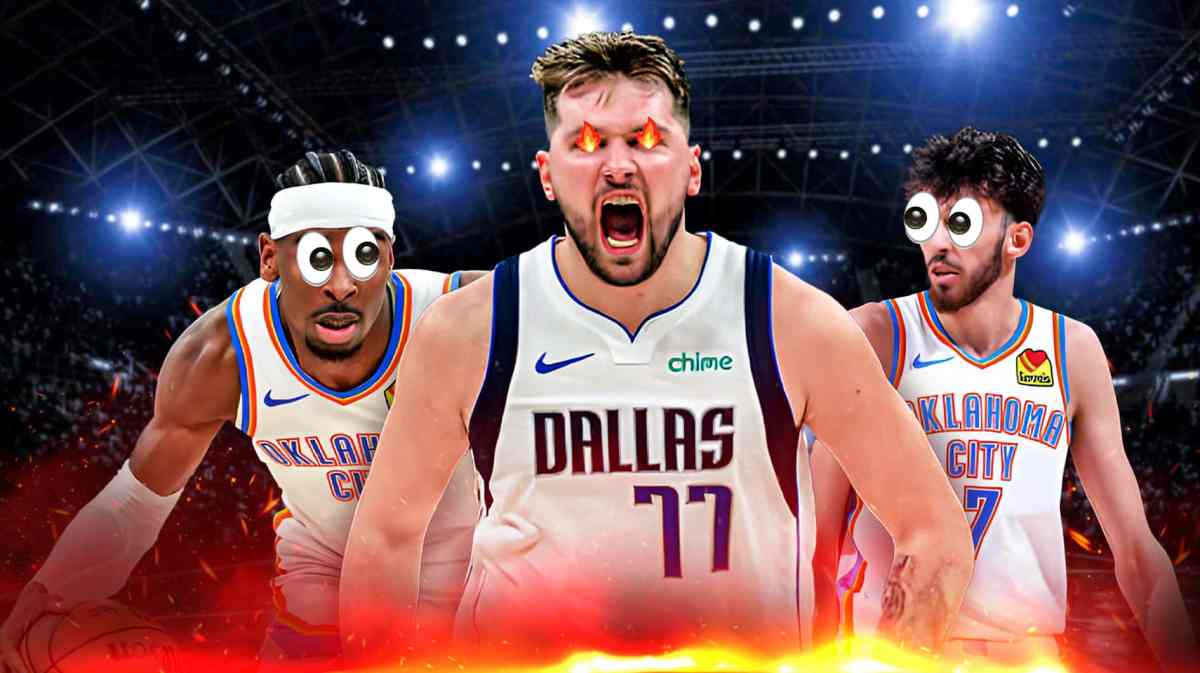 Mavericks' Luka Doncic with fire in his eyes in front. In background, need Thunder's Shai Gilgeous-Alexander, Thunder's Chet Holmgren both with eyes popping out looking at Doncic.