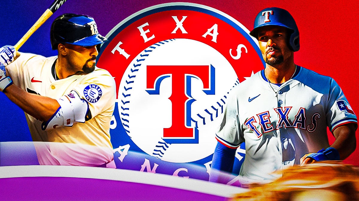 Marcus Semien twice next to a Rangers logo